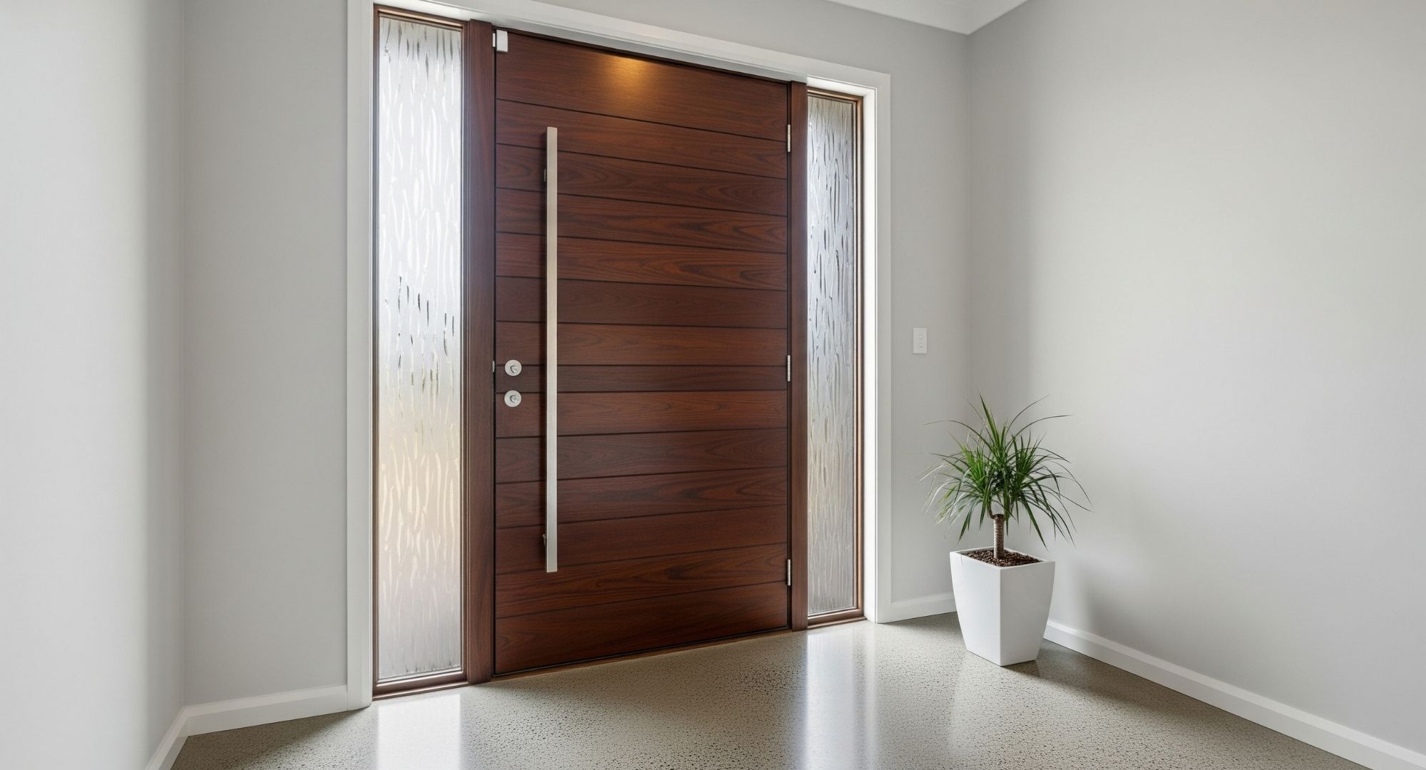 A stylish, modern front door with a large glass panel, representing a high-quality door modification.
