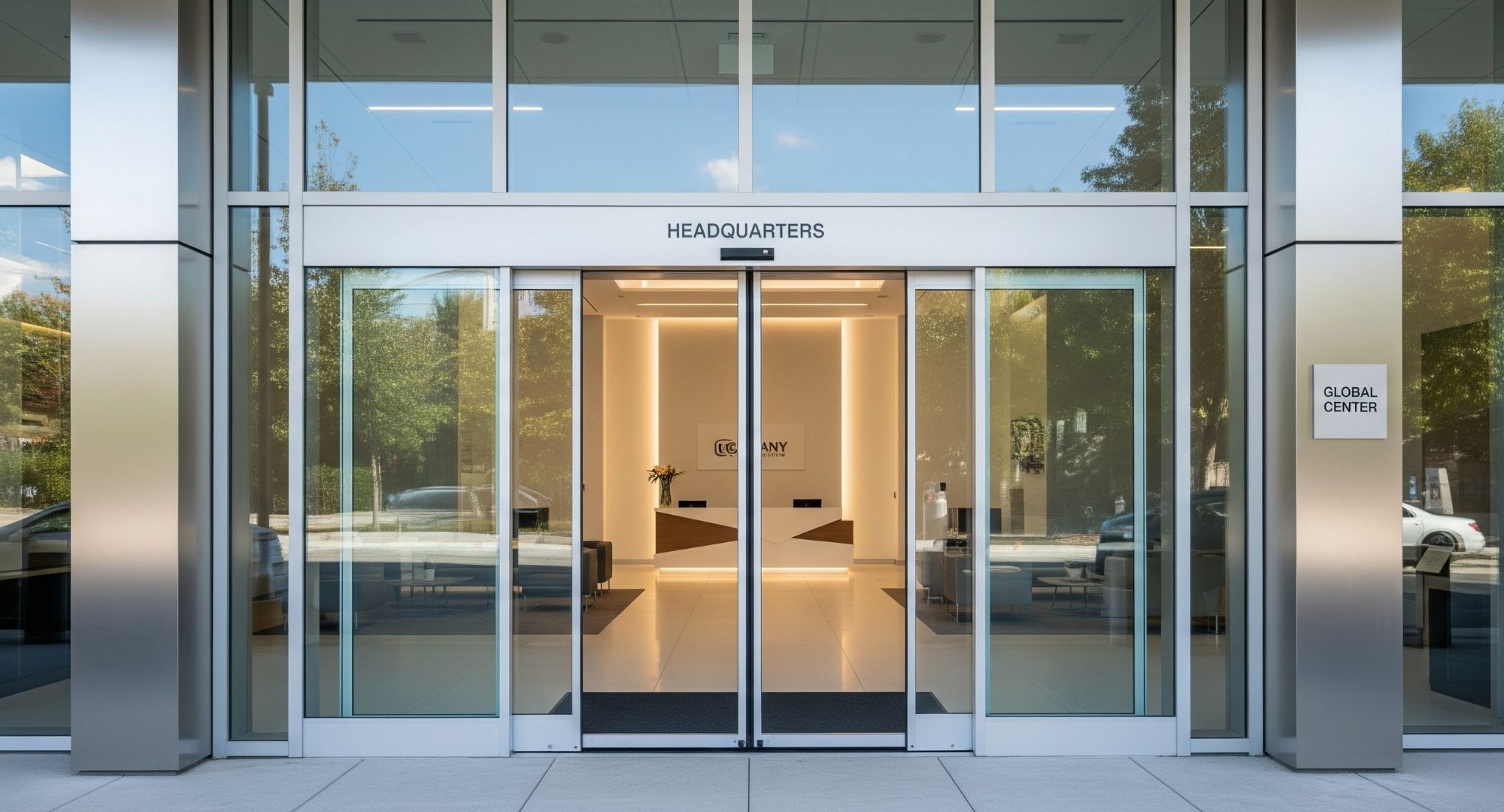 A clean, modern commercial building entrance featuring a transparent automatic glass door.