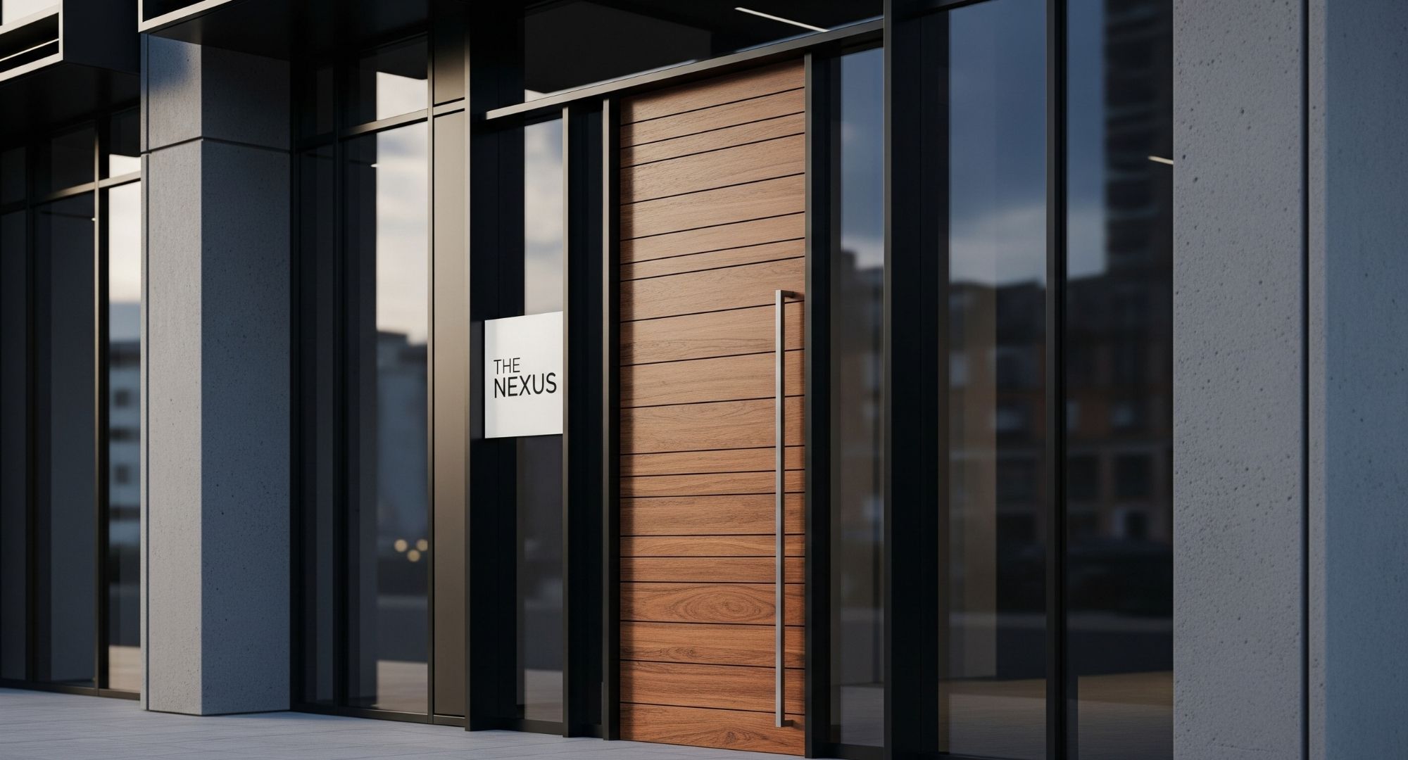 A sleek wooden door serves as the entrance to a modern commercial building, highlighting professional aesthetics and quality craftsmanship.