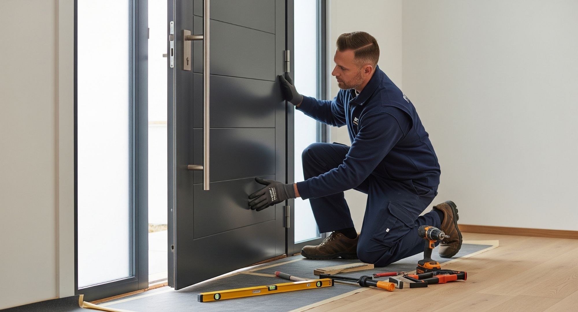 A professional installing a modern front door, highlighting precision and expertise.